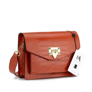 Geanta dama din piele naturala lacuita cu textura croco DiAmanti Sofia Portocaliu Inchis